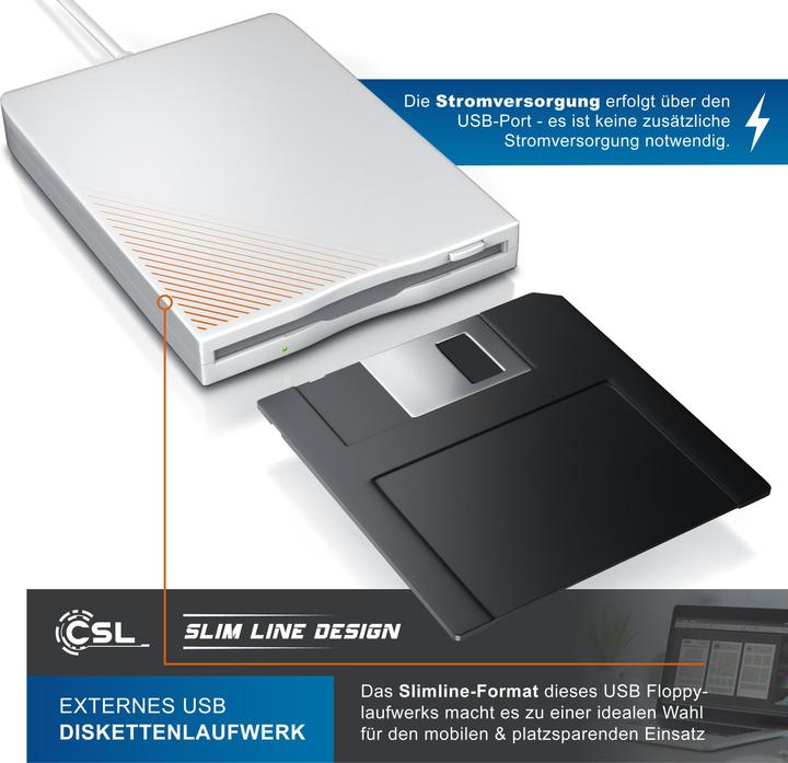 Produktbild CSL USB Diskettenlaufwerk extern, USB Floppy Laufwerk FDD 1,44MB (3,5) für PC & MAC, weiss (Floppy Disk Laufwerk)