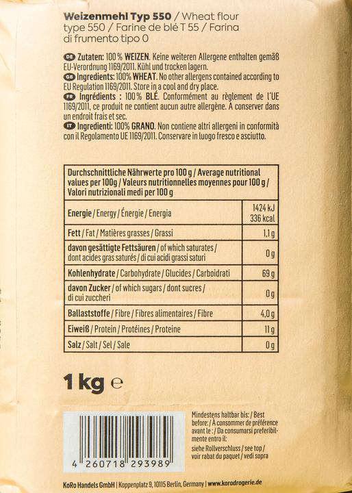 Nährwerte und Zutaten KoRo Weizenmehl Typ 550 (10000 g)