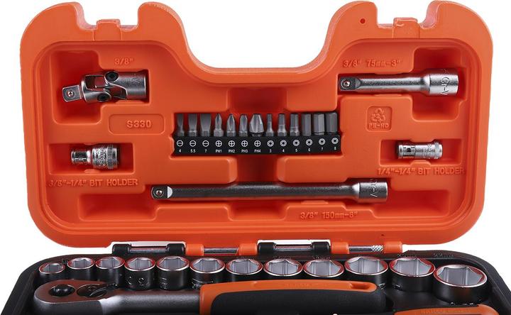 Produktbild Bahco 1/4"- und 3/8"-Steckschlüssel-Satz, metrisch, Sechskant, inklusive Umschaltknarre - 34-teilig (3/8")