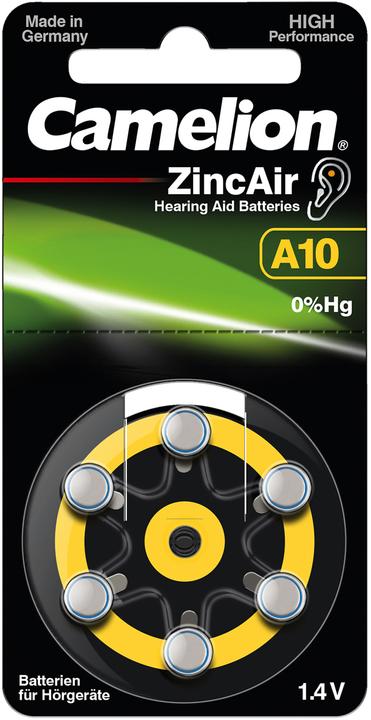 Actual product image Camelion Hearing Aid Battery Zinc-Air Cell A10 0% Mercury/Hg Yellow (6pcs) (6 pcs., A10, 280 mAh)