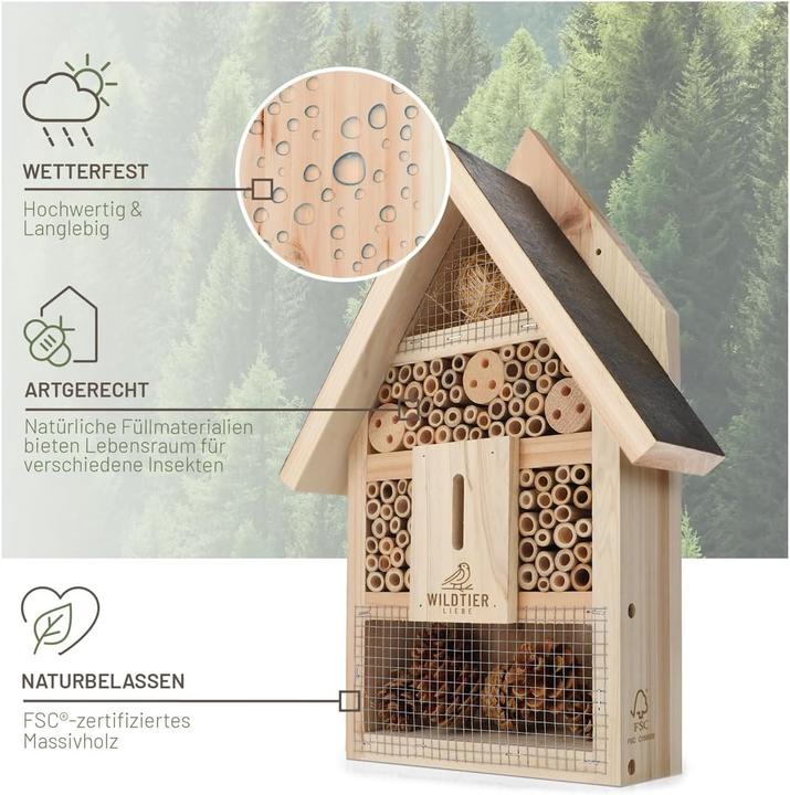 Image du produit Liebe Insektenhotel aus Massivholz mit Lockstoff (Abeille, Abeilles sauvages, Papillons, Coccinelles)