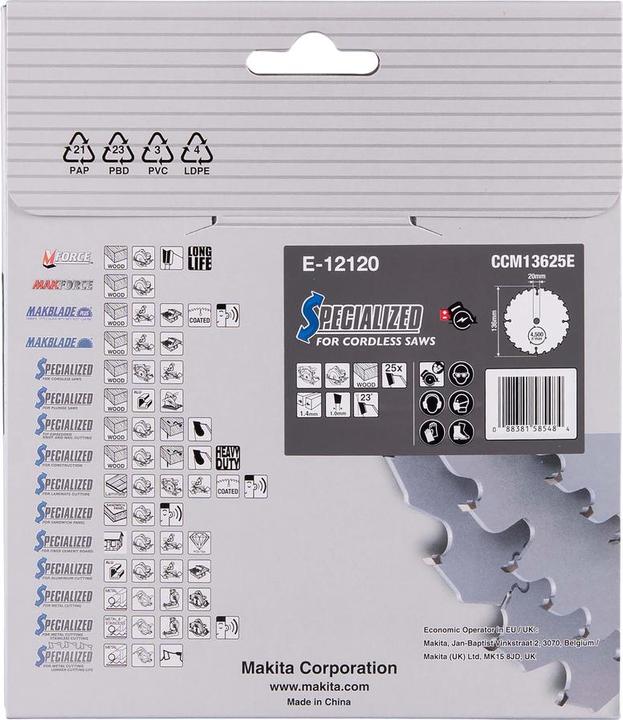 Produktbild Makita CCM13625E SPECIALIZED EFFICUT Sägeblatt ( E-12120 ) 136 x 1,4 x 20 mm 25 Zähne für Holz