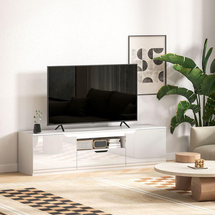Produktbild Swisshandel24 Hochglanz TV-Lowboard für Fernseher bis 65 Zoll, 3 Fächer, Schublade, Weiss (160 x 38 x 43 cm)