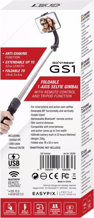 Produktbild Easypix GoXtreme GS1 1-AXIS Selfie Gimbal für Smartphone (Smartphone, Actionkamera, 0.30 kg)