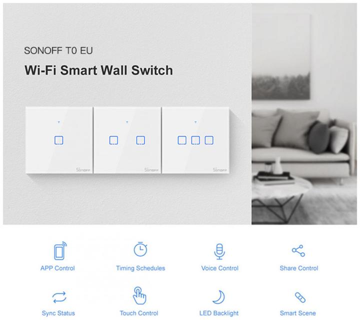 Actual product image Sonoff T0EU2C-TX 2-channel wall switch 230VAC 600W