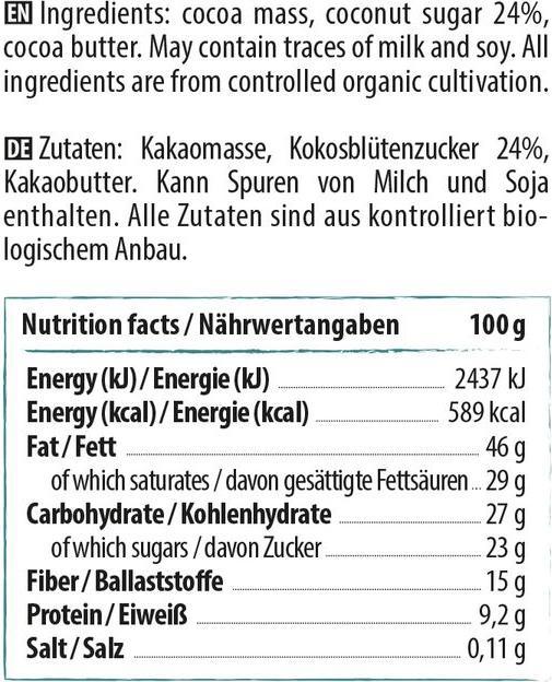 Nutritional values and ingredients Naturally Pam Organic Chocolate Chips 100 g (103 g)