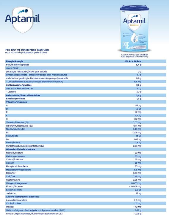 Valeurs nutritives et ingrédients Aptamil Pronutra Pre (800 g, dès la naissance)