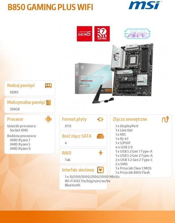 Image du produit MSI B850 GAMING PLUS WIFI (AM5, AMD B850, ATX)