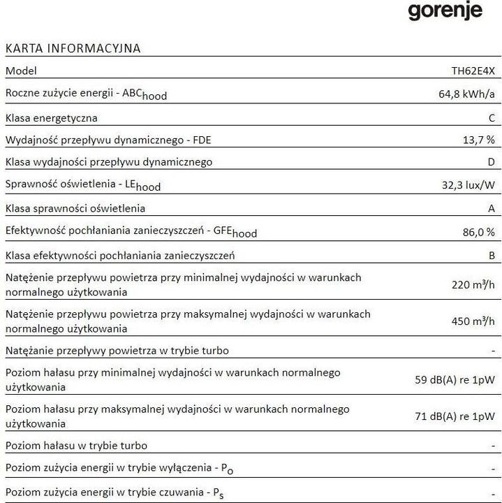Nährwerte und Zutaten Gorenje TH62E4X Dunstabzugshaube Halb eingebaut (Pullout) Edelstahl ³/h C (Flachschirmhaube)