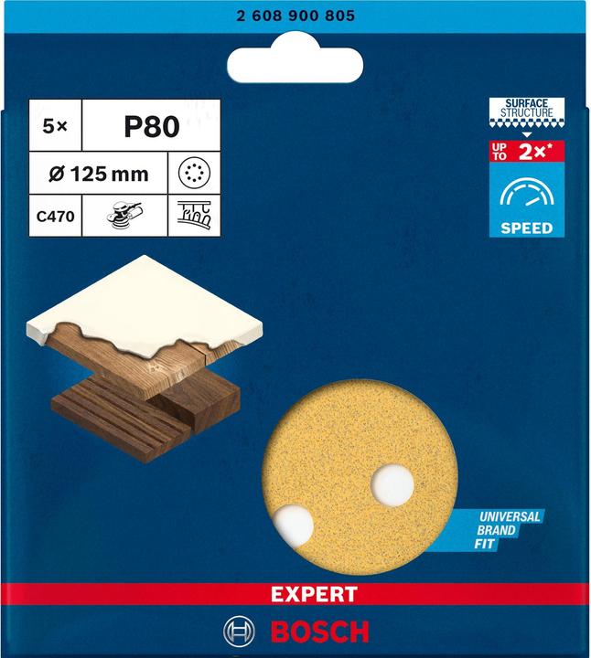 Productafbeelding Bosch Professional Zubehör Expert C470 Schuurpapier met 8 gaten voor excentrische schuurmachine, 125 mm, G 80, 5 stuks. (80)
