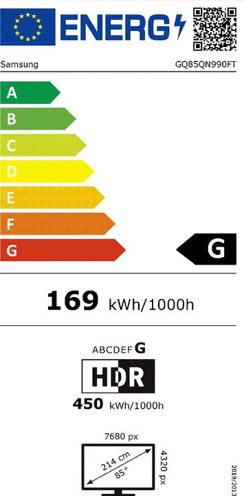 Label énergétique Samsung TV GQ85QN990FTXZG (85", QN990F, NeoQLED, 8K, 2025)