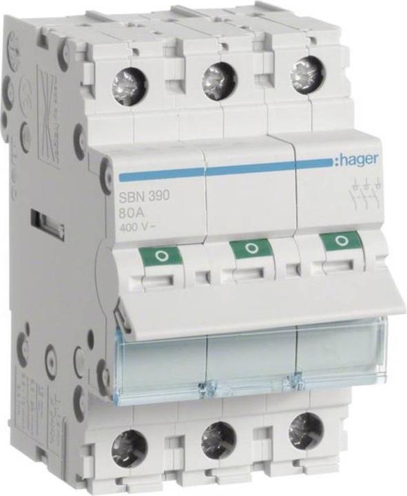 Hager SBN390. Nennstrom: 100 A, Spulenspannung (max): 440 V. Module Menge (max): 3 Modul(e). Breite: 52,5