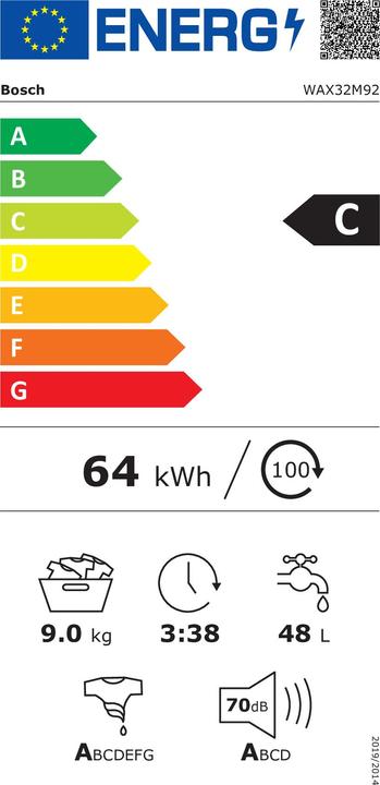 Energie-Label Bosch Hausgeräte WAX32M92 Serie 8 Waschmaschine Frontlader 9 kg 1600 U/min (9 kg, Links)