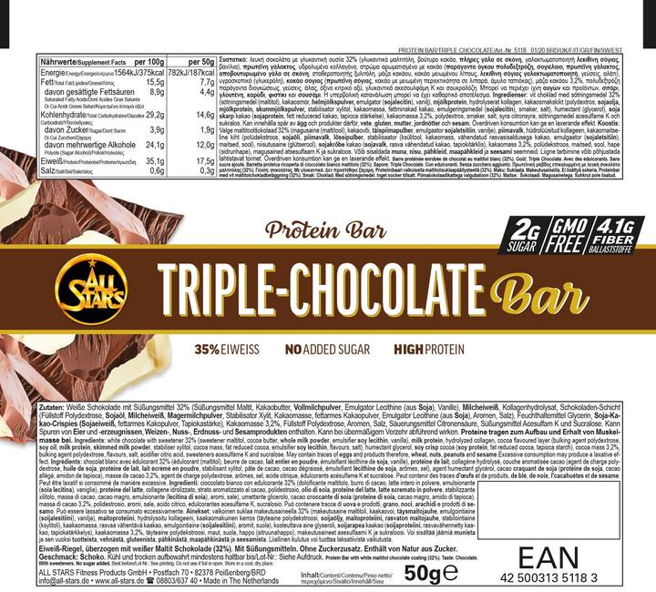 Nutritional values and ingredients All Stars Protein Bar (18 x 50g) (Triple Chocolate, 18 pcs., 900 g)
