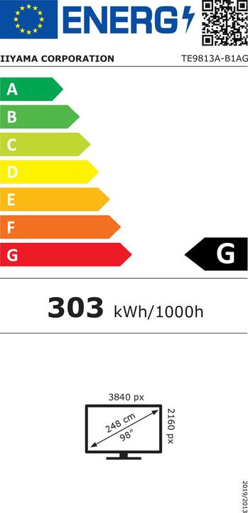 Energy Label iiyama 247.7cm(98") TE9813A-B1AG 16:9 Touch 2xHDMI+USB-C+DP (Speditionsversand) (3840 x 2160 Pixels, 97.50")