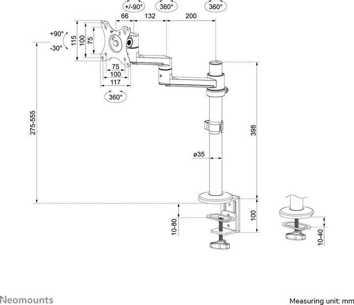 Produktbild Neomounts Tischhalterung 100x100 -8kg 17-27"/h?v/neig/schwenk/Klemme/wei? (Tisch, 27.01")