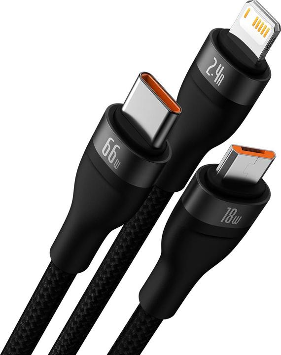 Actual product image Baseus Flash Series Ⅱ One-for-three Fast Charging Data Cable USB to M+L+C 66W 1.2m Black (1.20 m, USB 2.0, 66 W)