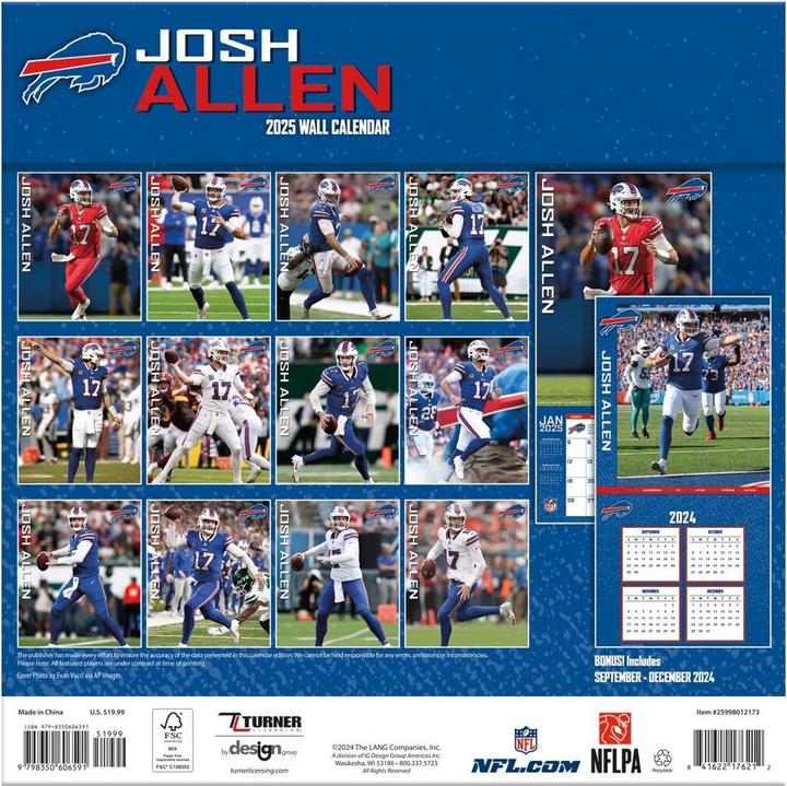 Image du produit NFL - Buffalo Bills - Josh Allen - Calendrier mural des joueurs 30.5 x 30.5 cm 2025 (30,5 x 30,5 cm, Français, Italien, Espagnol, Allemand, Anglais)