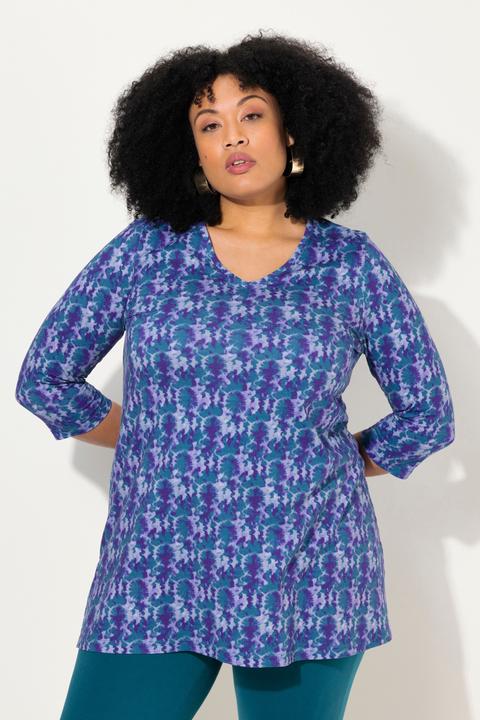 Immagine prodotto Ulla Popken Maglia dal taglio lungo e svasato con design batik, scollo a V e maniche a 3/4 (46, 48)