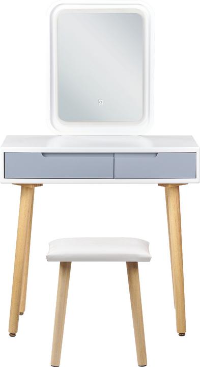 Produktbild Beliani Schminktisch mit 2 Schubladen, LED-Spiegel und Hocker Weiss/Grau DIEPPE (80 x 40 x 134 cm)