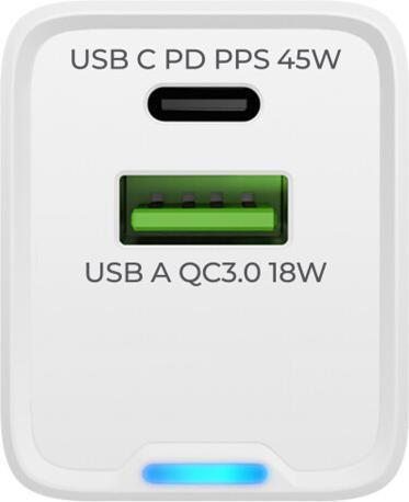 Produktbild prio Wandladegerät GaN Power 45W PD PPS (USB C) + QC 3.0 (USB A) weiss (45 W)