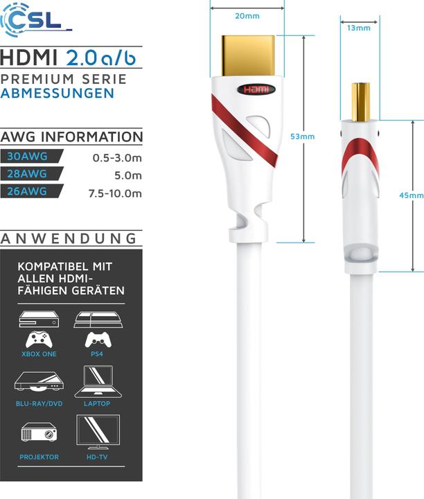 Image du produit CSL Câble HDMI 2.0b - 4k Ultra HD 2160p - 3D Ready - Haute vitesse - 3 fois blindé - HDMI 2.0b 2.0a 2.0 (10 m, HDMI)