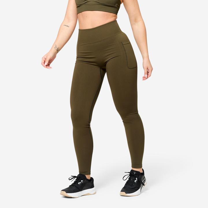 Image du produit Domyos Legging seamless effet push up taille haute femme, vert kaki (S)