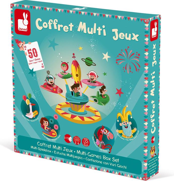 Produktbild Janod J02742 „Karussell“ Multi-Spielebox, klassische Familienspiele, Dame, Ludo, Nain Jaune, Quartett, Gän (Deutsch, Spanisch, Französisch, Niederländisch, Italienisch, Englisch)