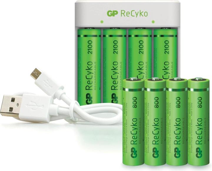 Actual product image GP Batteries ReCyko E111 4-Port USB Charger. + 4xAA 2100mAH + 4x AAA 800mAh (8 pcs., AAA, AA, 2100 mAh, Rechargeable battery)