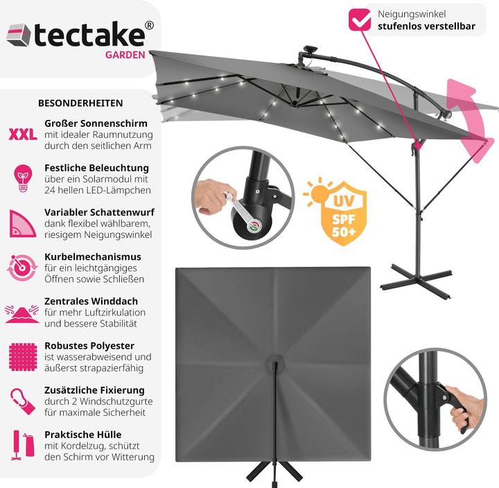 Immagine prodotto tectake Ombrellone Sunna LED-Solar con manovella 2,5 x 2,5 m (2.50 m)