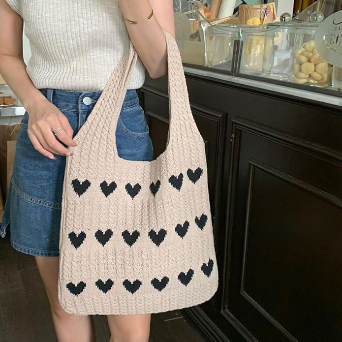 Actual product image Only-Bags.Store Minimalist hobo bag with love pattern, knitted shopping bag, lightweight holiday bag