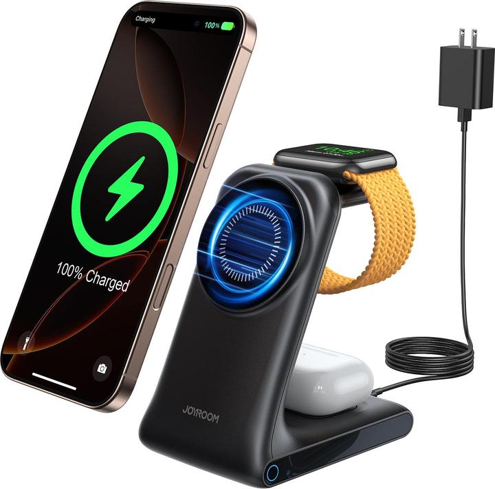 Actual product image Joyroom JR-W15 Wireless Charger 3 in 1 Charging Station with MagSafe - Black (15 W)