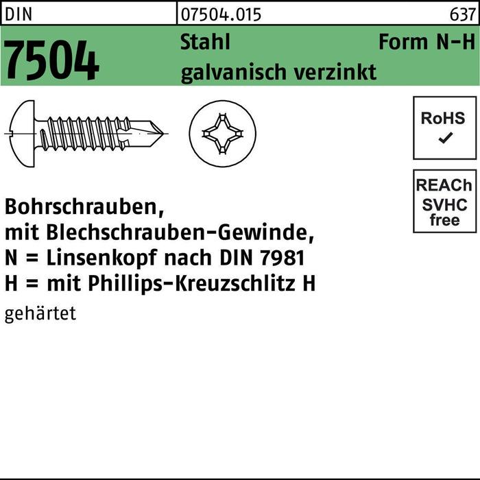 Image du produit Vis autoforeuse DIN 7504 à tête bombée N 4,8 x 100 -H Acier électro-zingué électro-zingué /... (250 Vis par pièce)