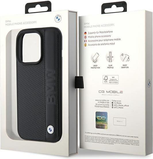Actual product image BMW BMHCP15X22RDPK iPhone 15 Pro Max 6.7" czarny/black hardcase Leather Textured & Stripe (Apple iPhone 15 Pro Max)