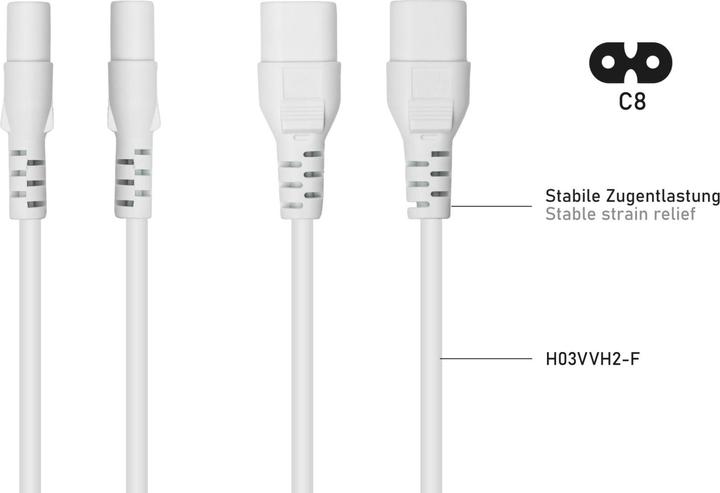 Actual product image Kabelmeister Euro extension. Plug C8 to C7, white, 0.5m (0.50 m, C7)