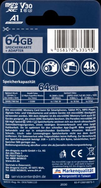 Actual product image Paradies MicroSDXC 64GB C10 UHS-I U3 V30 A1 (64 GB, microSDXC, U3, UHS-I)