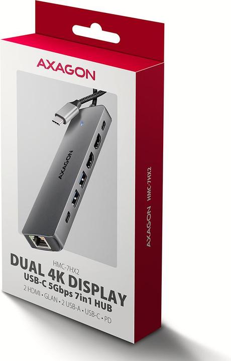 Actual product image Axagon HMC-7HX2 USB-C 5Gbps DUAL 4K DISPLAY 7in1 hub (USB-C, 7 Ports)