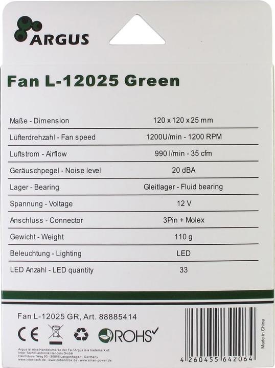 Produktbild Intertech L12025 - 120mm Luefter - gruen 1200U/min 33 LED Spiraleffekt gummierte Auflagen fluid Gleitlager... (120 mm, 1 x)