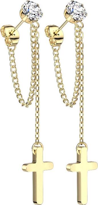 Star Piercing Ohrstecker vergoldet mit rundem Kristall silber Anhänger Kette mit Kreuz (ohne Messing, Chirurgenstahl 316L)