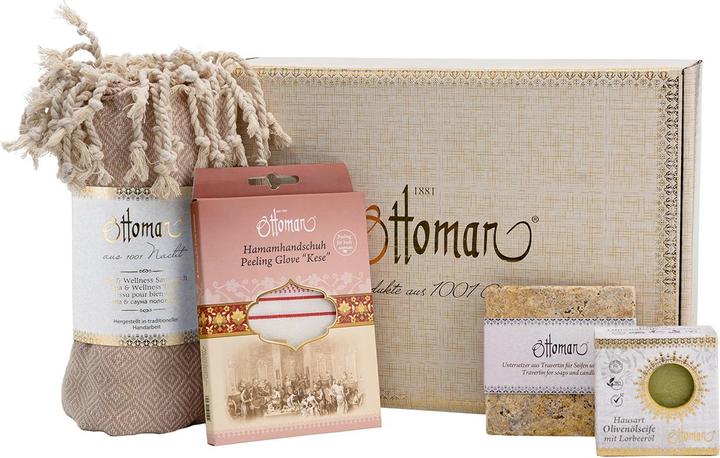 Natura Punto Set regalo da 4 pezzi con guanto esfoliante, sapone all'olio d'oliva, portasapone, panno per hamam (Set di manicure)