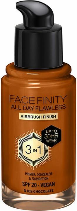 Actual product image Max Factor Facefinity All Day Flawless 3 In 1 Foundation N102-Chocolate 30ml (N102 Chocolate)