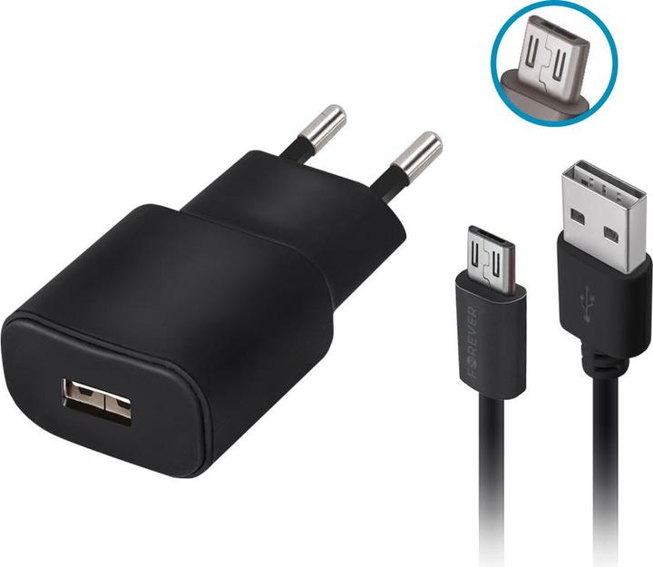 Actual product image Forever TC-01 charger 1x USB 2A black + microUSB cable