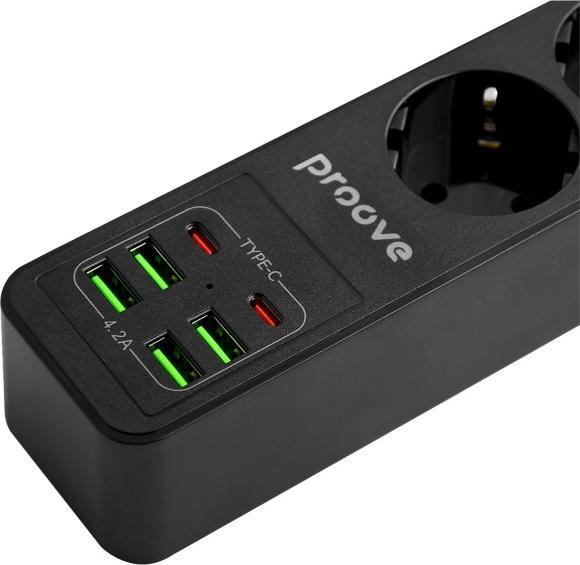 Produktbild Proove Power Strip 2m 3000W Power Socket P-03 (3xAC + 4xUSB + 2xType-C) black (9 x, USB-C, USB-A, 2 m)