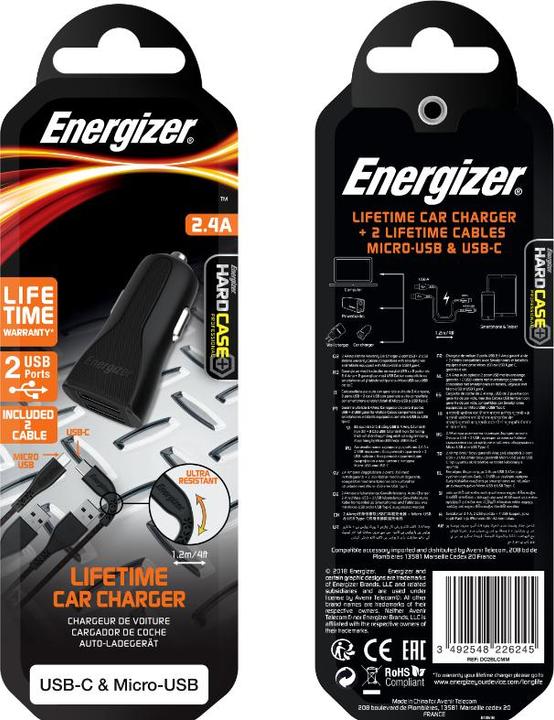 Immagine prodotto Energizer Caricabatteria da auto con garanzia a vita - 2,4A - 1USB - incluso cavo USB-C e Micro-USB