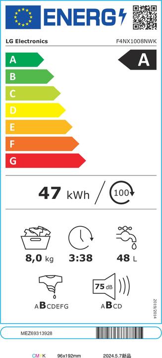 Energy Label LG F4NX1008NWK 8 Kg Washing Machine Class A (8 kg, Left)
