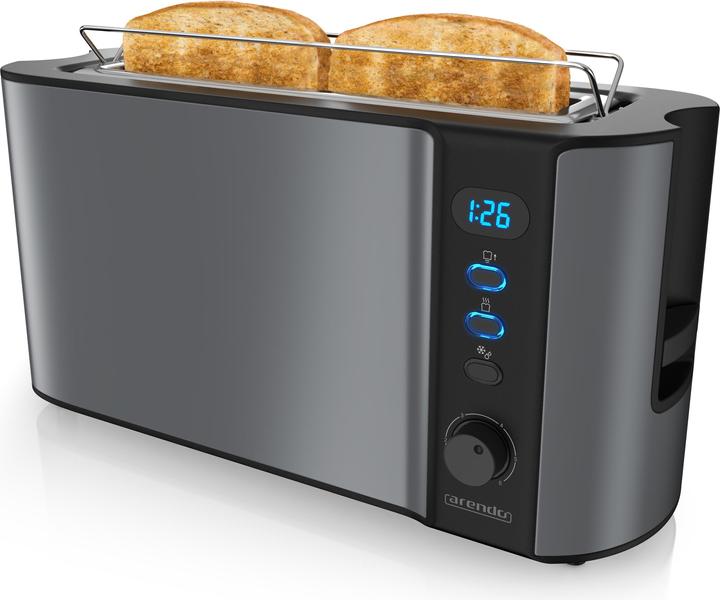 Produktbild Arendo Toaster Edelstahl 2 Scheiben Langschlitz, Doppelwand, Display mit Restzeitanzeige, Brötchenaufsatz