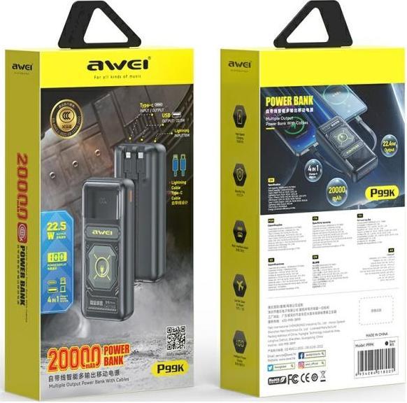 Produktbild Awei PowerBank P99K 20000mAh 22.5Wczarny/black (20000 mAh, 22 W, 22.50 Wh)