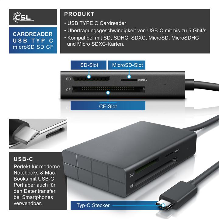 Actual product image CSL 3 in 1 card reader (USB-C 3.2 Gen 1)