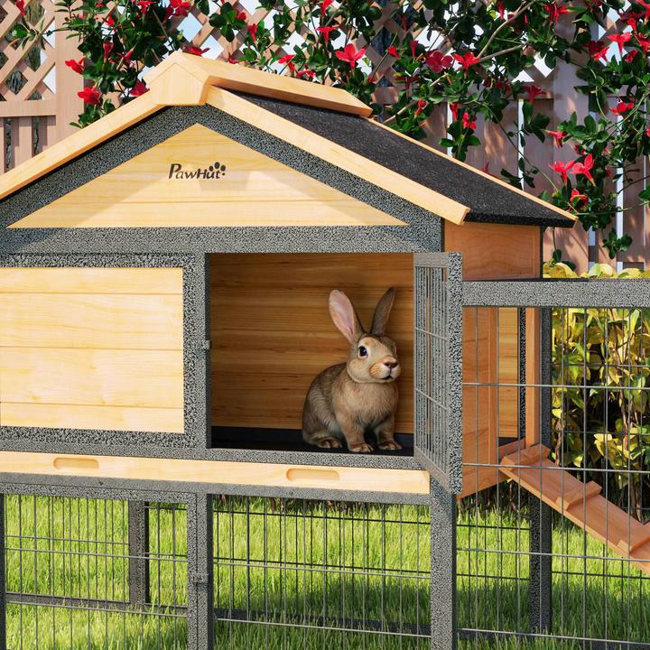 Produktbild PawHut Kaninchenstall Tannenholz, Stahl Gelb