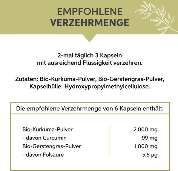Nährwerte und Zutaten Eltabia Bio Kurkuma Gerstengras Kapseln 100 (100 Stück, Kapseln)